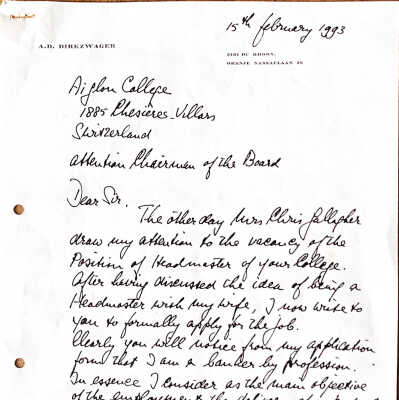1993-02-15 Application d.d. 15 February 1993 for the position ‘Headmaster of Aiglon College’
