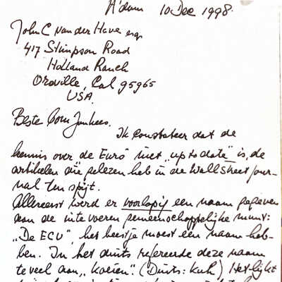 1998-12-10 Brief aan Oom Jankees in Amerika over introductie v. d. Euro.