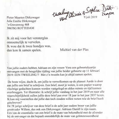 2019-07-09 Brief ter welkoming Pieter Maarten -en Julie Emilie Dirkzwager op de planeet Aarde. 2