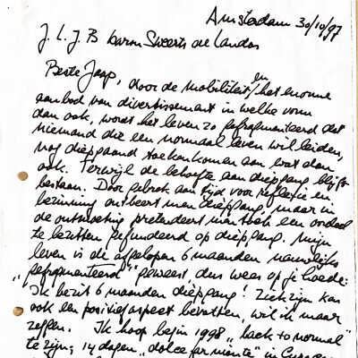 1997-10-30 Brief aan Jaap Sweerts met opzegging als lid van de Bierkegels te Rotterdam, een subgezelschap van societeit EMM.