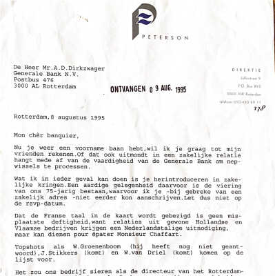 1995-08-08 Uitnodiging voor de kantoordirekteur Generale Bank, Rotterdam.