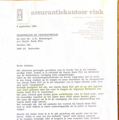 1993-09-06 Brief van Assurantiekantoor Vink m.b.t. aangezegde ontslag vam ADD.