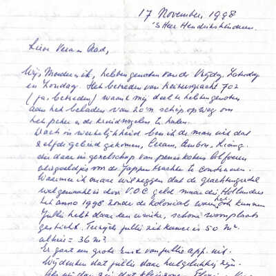 1998-11-17 Bedankbrief voor het driedaags bezoek van vader Ab en Moeder Bertie aan Adam.