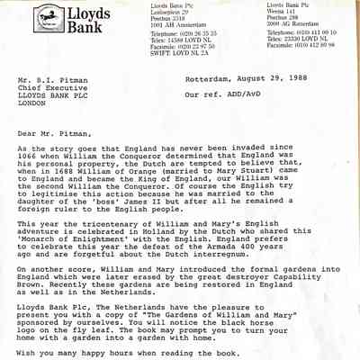 1988-08-29 Letter to mr Brian Pitman to present him a book about the Gardens of William and Mary.