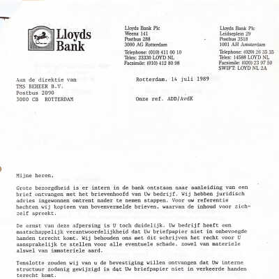 1989-06-29 Brief v. TMS Beheer B.V. aan de Lloyds Bank Rotterdam t.a.v. de heer Dirkzwager.