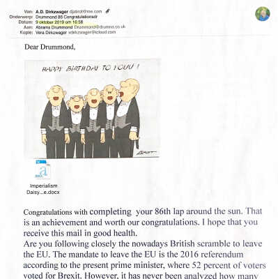 2019-10-09 Birthday Greetings to Drummond Abrams and over UK leaving the EU.