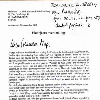 1998-12-20 Brief aan. Moeder Miep v.d. Brink in Antwerpe