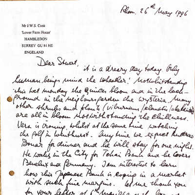 1996-05-26 ADD to Stuart Cook re. Ann Boleyn en ontslag bij de Generale Bank.