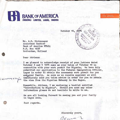 1974-10-14 Brief van Joe Cassar:Bank of America Lagos, Nigeria