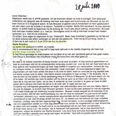 Mail aan Albertien v.der Have over moeder Albertiens botsing tegen een tuinmuurtje van Brouwerte