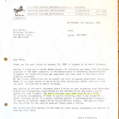 1985-02-01 Ontevredenheid over mijn vermindering van mijn jaarlijkse merit increase.