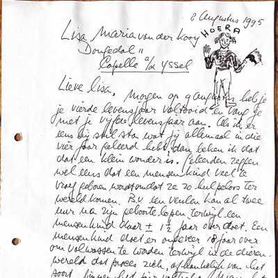 1995-08-08 Verjaardagsbrief aan Lisa van der Kooy voor haar 4de vrjaardag.