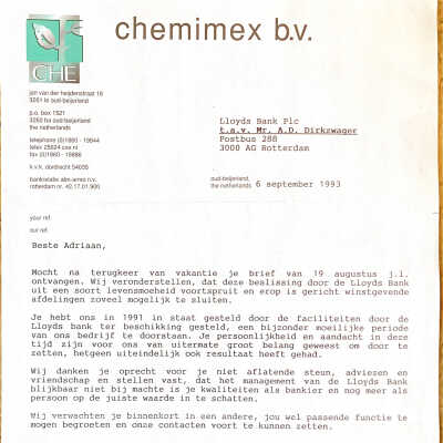 1993-09-06 Brief van Chemimex bv n.a.v. ontslag ADD bij Lloyds Bank.
