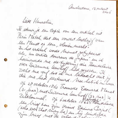 2005-03-13 Brief aan Hannelies Kruijff over Edouart Manet, die met Suzanne Leenhoff uit zaltbommel gaat trouwen.