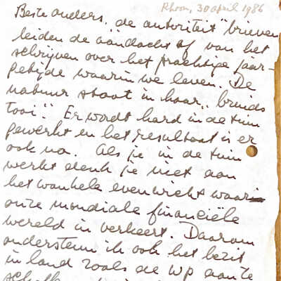 1986-04-30 Brief aan ouders o.a. over investering om poffertjes te introduceren in Canada en Noord Amerika.