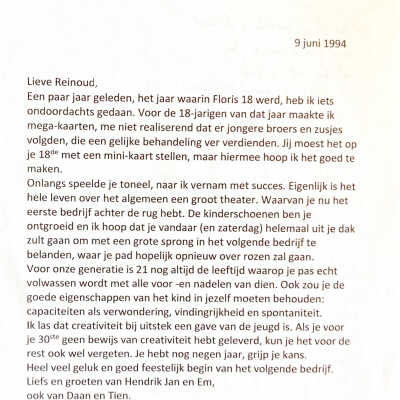 1994-06-09 Verjaardagsbrief van Emmy de Vries aan Reinoud bij haar mega-kaart.
