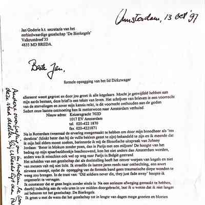 1997-10-13 opzegging van de Bierkegels aan Jan Goderie, secretaris.
