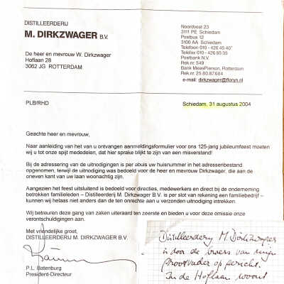 2004-08-31 Brief P.l. Batenburg, president-directeur v. M. DIrkzwager Distilleerderij B.V. aan de verkeerde Willem Dirkzwager.