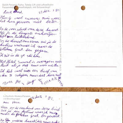 1982-12-22 Twee prentbriefkaarten van Floris vanuit Klostes aan Aad & Vera