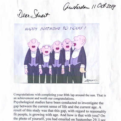 2019-10-11 Mail to Stuart Cook to congratulate him with his 80th birthday and over eau de Portugal.