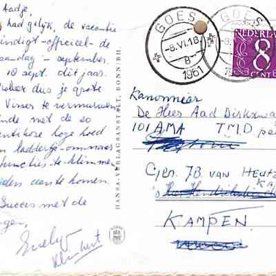 Kaart met aanmoediging aan ADD om met een rekest de militairedienstplicht vervroegd te beeindigen.
