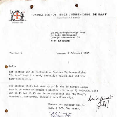 1983-02-08 mr A.D. Dirkzwager komt door de ballotage om lid te worden v.d. Koninklijke Roei -en Zeilvereniging “De Maas”.