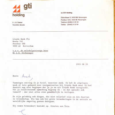 1993-08-20 Brief van GTI n.a.v. ontslag ADD bij Lloyds Bank.