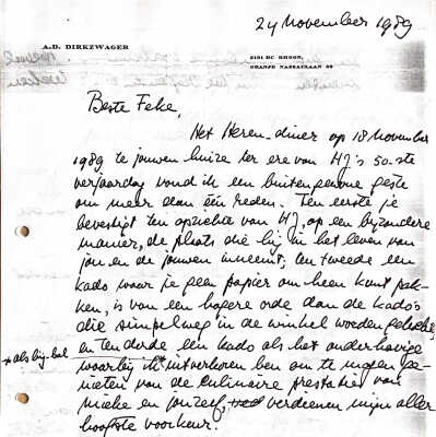 1989-11-24 Bedankbrief aan Feke Hendrikse voor het Herendiner op de 18de dezer t.g.v. HJ de Vries 50ste verjaardag