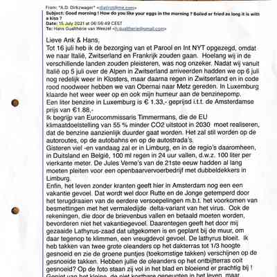 2021-07-15 Brief aan Hans en Ank v. G. v. W. over de terugkeer vauit Italie naar Amsterdam in noodweer.