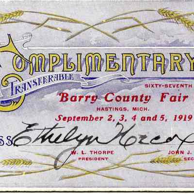 Complimentary Pass to 67th Annual Barry County Fair, September 2-5, 1919