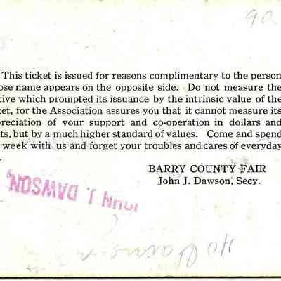 Complimentary Pass to 67th Annual Barry County Fair, September 2-5, 1919