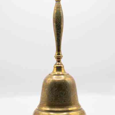 Brass Dinner Bell with Blue and Red Leaf Design