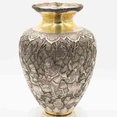 Large Persian Silver Urn with Debossed Farming Rural Scene