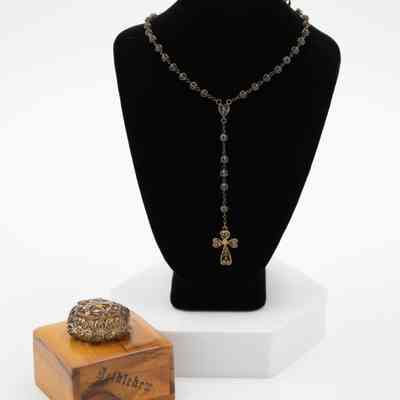 Gold Rosary, Metal Box, and Wood Box Marked with Bethlehem