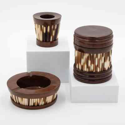 Olive Wood Ashtray, Matchbox, and Cigarette Holder with Inlay Porcupine Quill Design