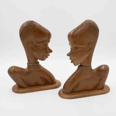 Pair of Carved Wooden Profile Statuette Busts