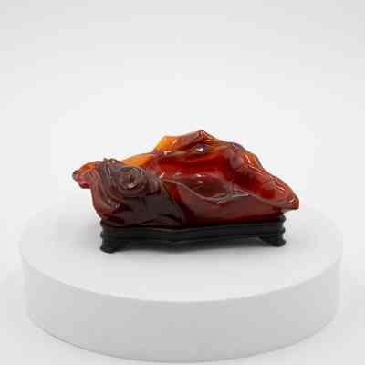 Carved Amber Leaf Dish on Wooden Base
