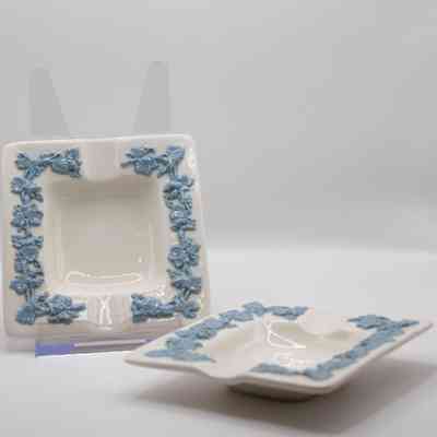 White Wedgwood Queen's Ware Ashtrays and Cigarette Box with Blue Ivy Detail