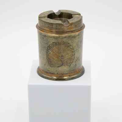 Brass Covered Ashtray and Match Holder with Blue Peacock