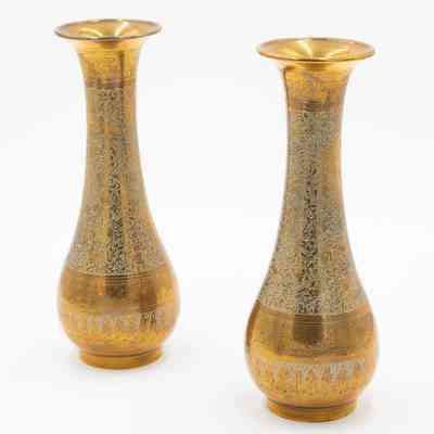 Pair of Brass Fluted Vases with Blue Etched Design