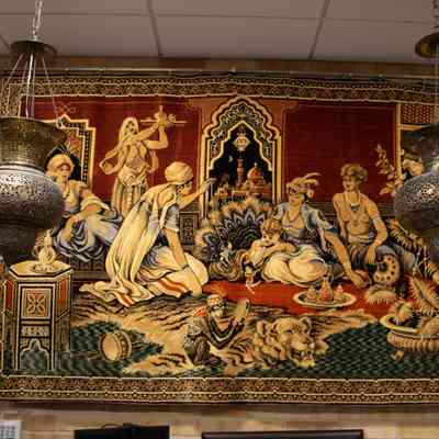 Red and Blue Rug with Harem Scene