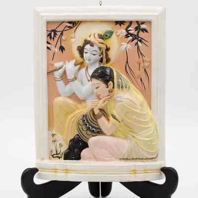 Painted Raised Ceramic Picture of Radha and Lord Krishna on Stand