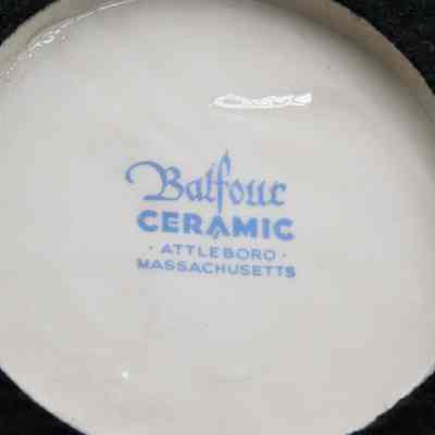 Back of ashtray: In blue text, "Balfour Ceramic. Attleboro, Massachusetts."