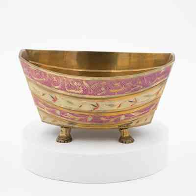 Brass Dhow-Shaped Cachepot with Pink Enamel