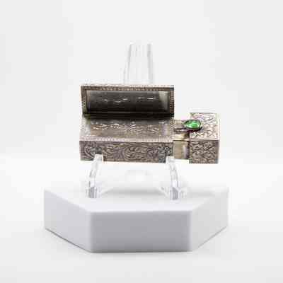Silver Italian Lipstick Box with Jade Stone and Foldout Mirror