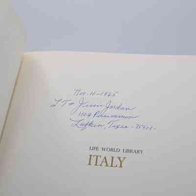 Inside Signature: Inside “Italy” is writing in blue pen which reads "Nov 10, 1965 L.T. & Jessie Jordan 1104 Persimmon Lufkin, Texas. 75901."