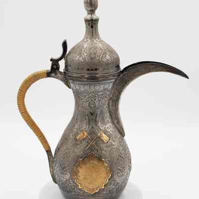 Sterling Silver and Bronze Coffee Pot Engraved with Arabic Script Flags