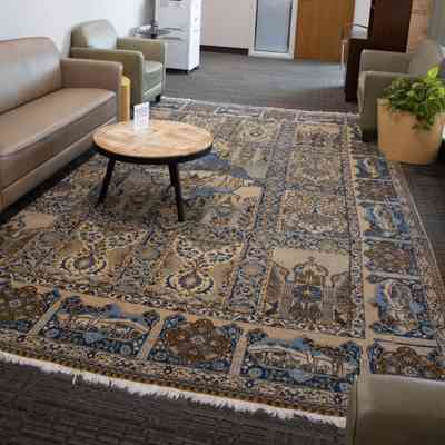 Large Cream and Blue Area Rug with Deer
