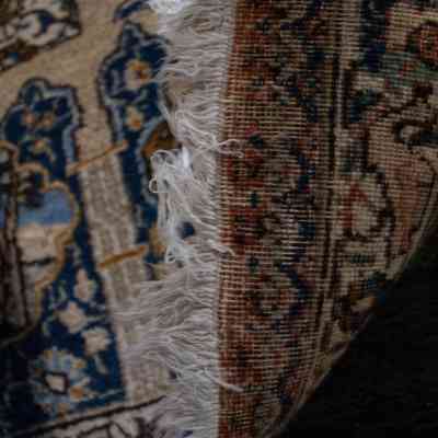 Large cream and blue area rug with deer: A large, ornate cream and blue rug features fringe and intricate designs, including deer motifs.