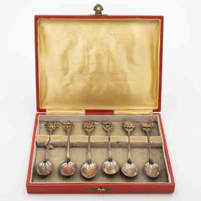 Set of Silver Camel, Arabic, and Boat Decorative Spoons with Red Case